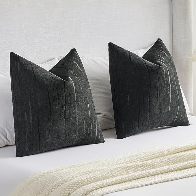 FUTEI Black Chenille Decorative Throw Pillow Covers 22x22 Inch Set of 2,Soft Embossed Striped Textured Cushion Case,Modern Home Decor for Couch Bed Living Room