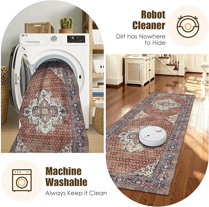 Washable Area Rug 2'6'' x 8' Vintage Traditional Persian Mat - Foldable Distressed Non-Slip Machine Washable Carpet for Living Room Bedroom Kitchen Home Decor - Terracotta and Navy