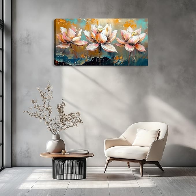 Large Zen Canvas Wall Art Pink Lotus Flower Picture Wall Decor Landscape Painting Artwork Framed for Bedroom Living Room Kitchen Room Office Home Decor 60L x 30W