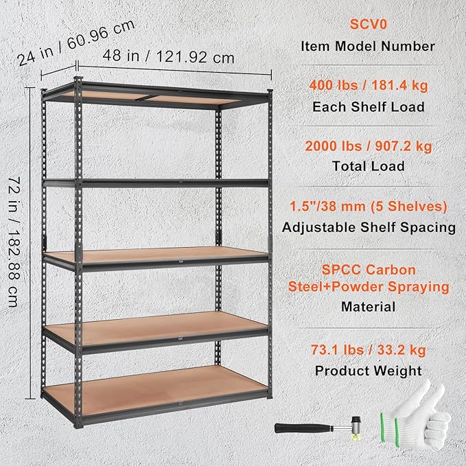VEVOR Storage Shelving Unit, 5-Tier Adjustable Storage Shelves, 48" L x 24" W x 72" H Heavy Duty Garage Storage Shelves, Metal Shelves for Kitchen Pantry Basement Bathroom Laundry