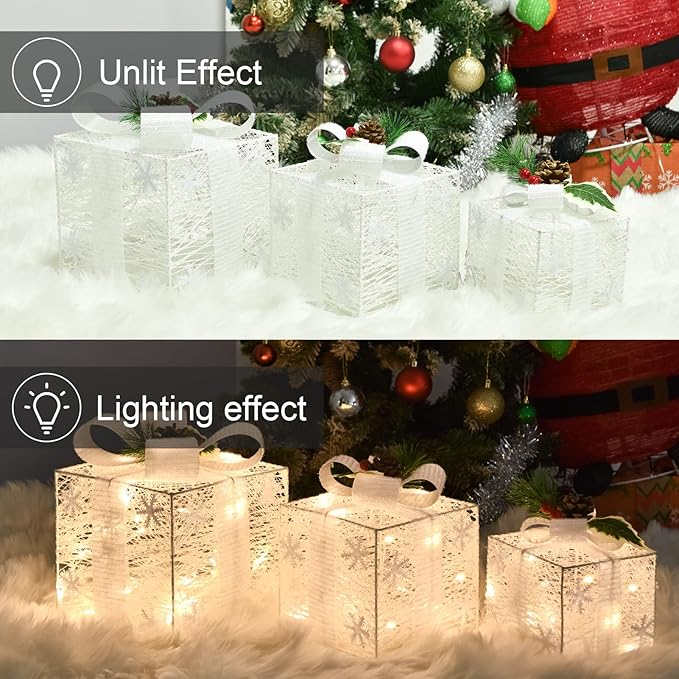 Christmas Lighted Gift Boxes with Snowflake Ornament, 3 Pack Pre-lit Present Boxes Set Battery Operated with Different Sizes for Holiday Indoor Outdoor Decorations (3 Pack) (Snowflake-2)