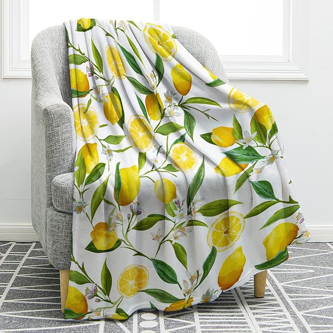 Jekeno Lemon Floral Blanket Yellow Fruits Green Leaves Print Gifts for Women Kids Girls Home Bedroom Living Room Decor Soft Cozy Lightweight Throw Blankets White 60"x80"