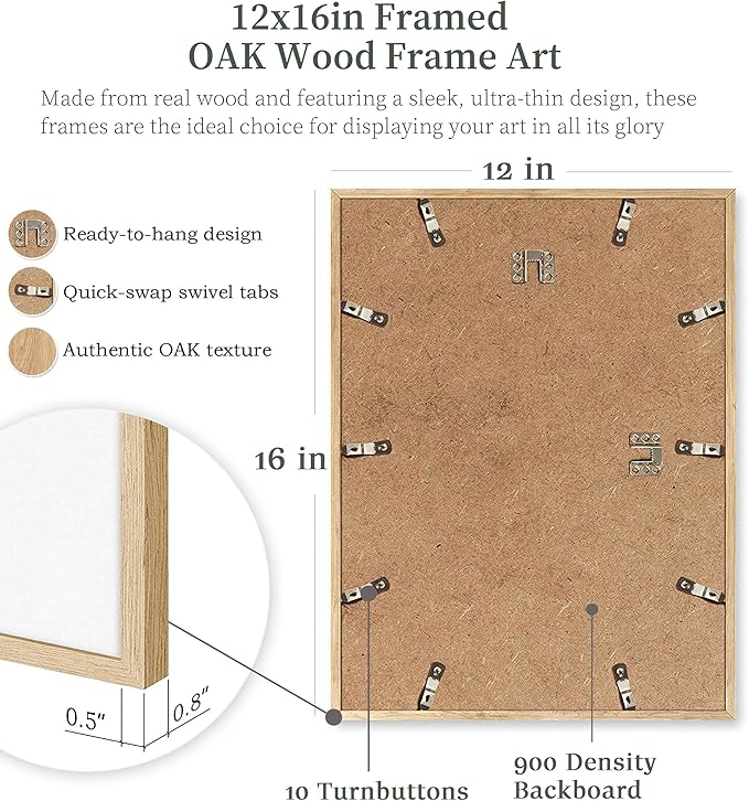 UPWOIGH 12x16 Oak Wood Picture Frame - Minimalist 12x16 Poster Frame, 12"x16" Picture Frame Wood, Natural Solid Wooden Picture Frames for Wall Art Photo and Prints,1 Pack