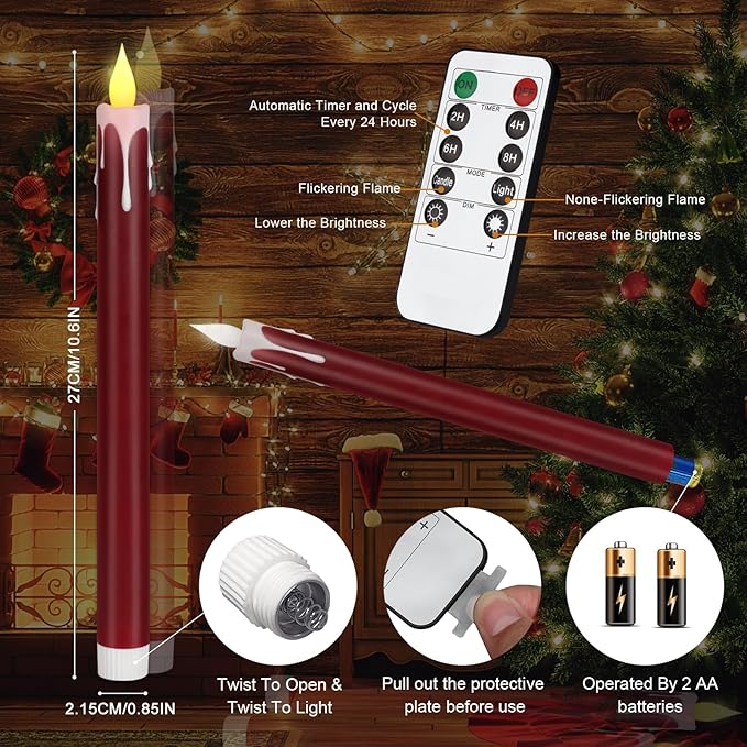 Flameless Taper Candles 10.6" Dripless Battery Operated Taper Candles Included Remote Timer 400+ Hours by 2AA Batteries for Halloween Christmas Wedding (Burgundy+White, 24 Pack)