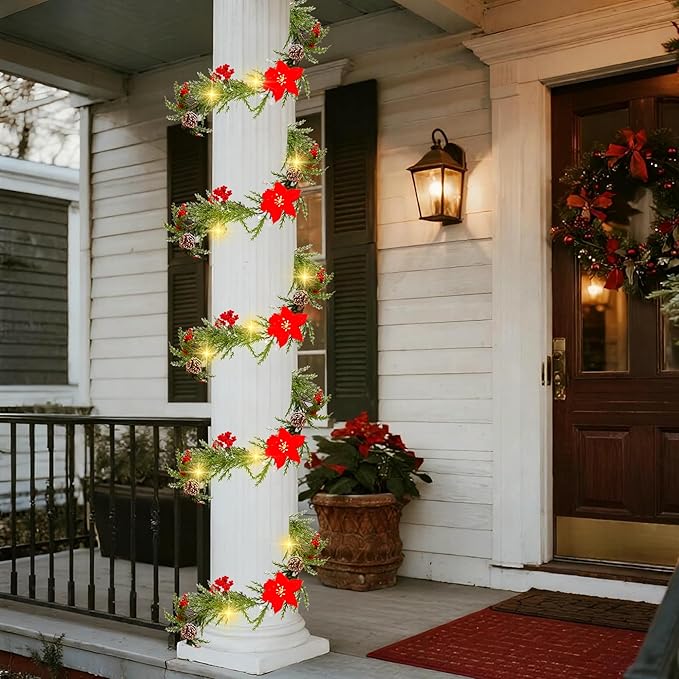 DR.DUDU 6 FT Pre-lit Artificial Christmas Garland with 20 LED Lights, Battery Powered with Pine Cones, Red Berries, Pine Needles, Lighted Christmas Wreath for Holiday Party, Xmas Tree Decorations