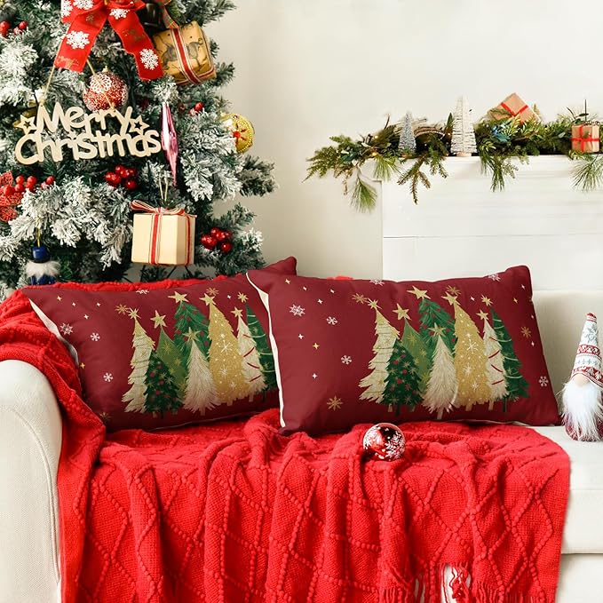 AVOIN colorlife Christmas Trees Star Red Throw Pillow Covers Set of 2, 12 x 20 Inch Snowflake Seasonal Winter Holiday Cushion Case Decoration for Sofa Couch