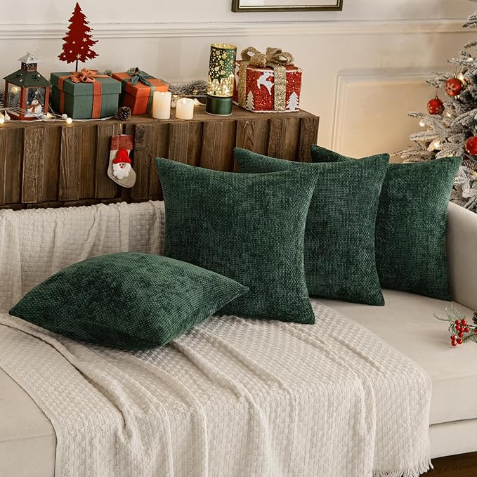 MIULEE Christmas Green Pack of 4 Couch Throw Pillow Covers 18x18 Inch Soft Decorative Chenille Pillow Covers Farmhouse Accent Cushion Covers for Boho Home Decor Sofa Bedroom Living Room