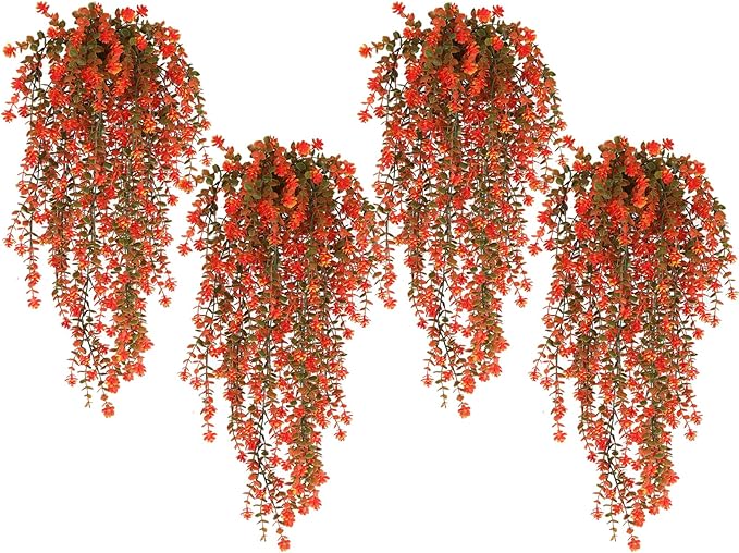 SJL Artificial Fake Fall Hanging Flowers Fake Plant Artificial Hanging Plants Flower Fall Eucalyptus Palnts Outdoor Faux Autumn Vines Decor Real Touch for Patio Living Room Thanksgiving (Salmon)