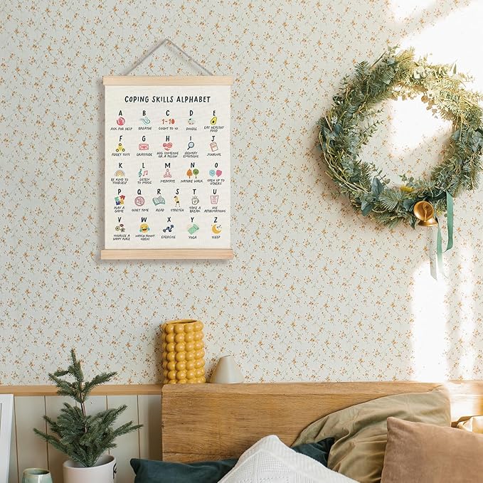 Supwhd Coping Skills Alphabet Poster for Kids, Mental Health Wall Decor for Classroom Nursery Kids Room Playroom School Counselor Office, Mental Health Poster Hanger Frame, 12x16