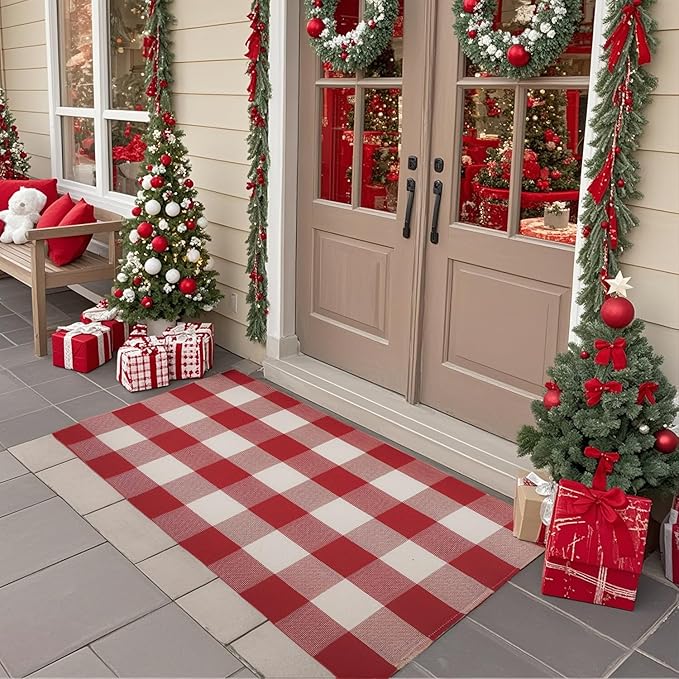 SEEKSEE Cotton Buffalo Plaid Rug 27.5"x43" Red and White Checked Rug Washable Doormats Indoor Outdoor Rugs for Layered Front Door Mats, Porch, Kitchen, Farmhouse, Entryway