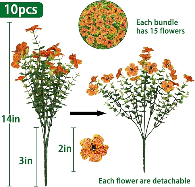 Agusbagli 10 Bundles Artificial Fall Flowers Outdoor UV Resistant Autumn Fake Flowers No Fade Faux Plastic Greenery Shrub Plants for Wedding Garden Window Box Fireplace Thanksgiving Home Decor, Orange