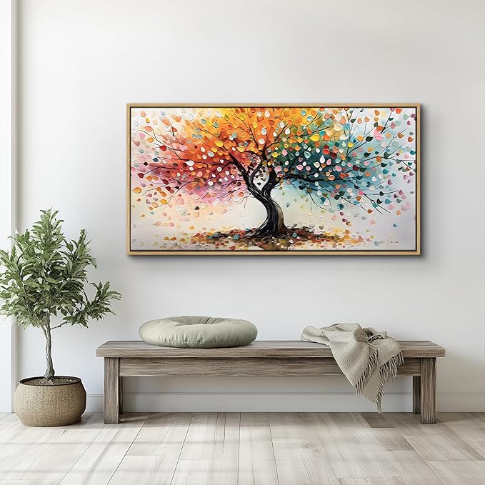 crmotu Tree of Life Large Framed Wall Art, Rainbow Tree Canvas Prints Abstract Painting, Colorful Modern Aesthetic Wall Pictures for Living Room Bedroom Bathroom Home Office Decorations 24"X48"