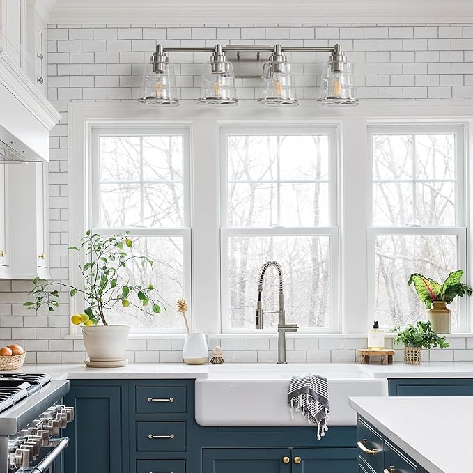 Brushed Nickel Bathroom Vanity Light Fixture, 4 Light Bathroom Light Fixtures Over Mirror with Clear lampshade and Metal Base Sconce,29.1 inch Modern Vanity Light for Bathroom(Exclude E26 Bulb)