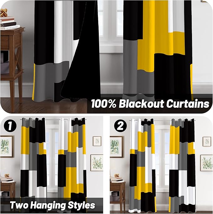 Yellow 100% Blackout Curtains for Bedroom 96 inch Long 2 Panels Set Mustard Yellow Grey Modern Abstract Geometric Black Out Curtains Room Darkening Window Drapes for Living Room, 52Wx96L