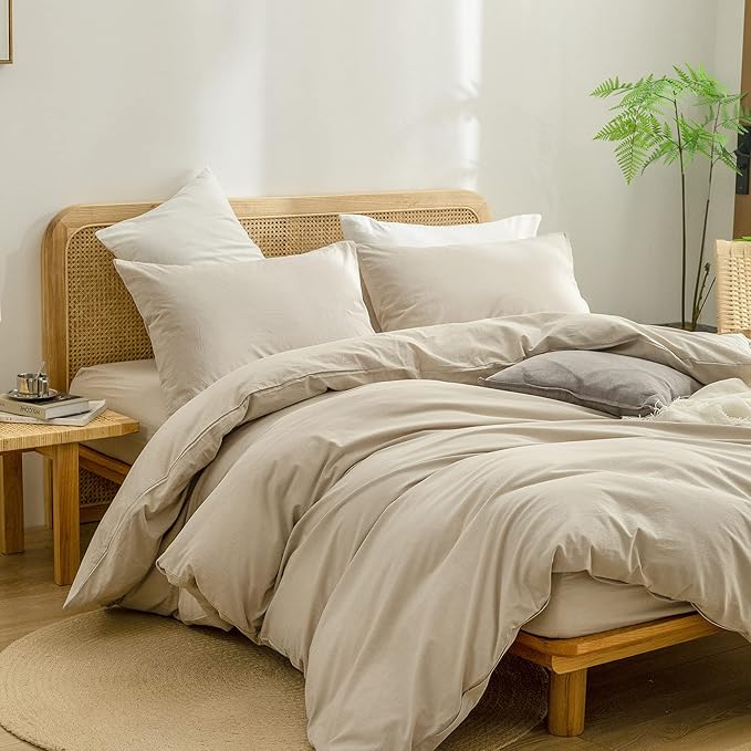 BESTOUCH Duvet Cover Set 100% Washed Cotton Linen Feel Super Soft Comfortable Chic Lightweight 3 PCs Home Bedding Set Solid Almond Milk Grey King