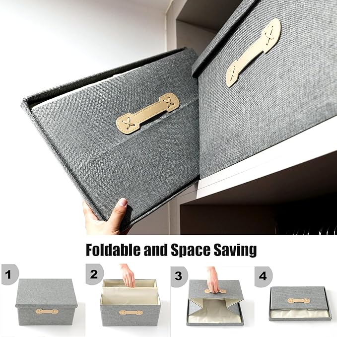 Enzk&Unity Decorative Storage Boxes with Lids, 3 Pack Grey Fabric Storage Bins with Handle, Foldbale and Stackable Storage Boxes for Shelf, Closet, Bedroom, Living Room