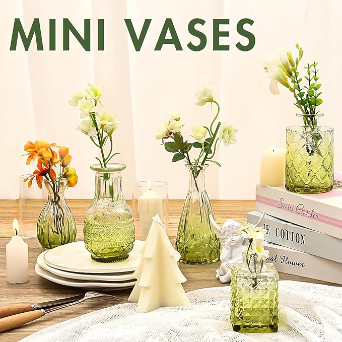 Arme Bud Vase Set of 32, Green Vases Glass Bud Vases in Bulk, Small Vases for Centerpieces Mini Flower Vase Set Cute Vintage Glass Vase Set for Flower Wedding Home Centerpiece Table Decorations