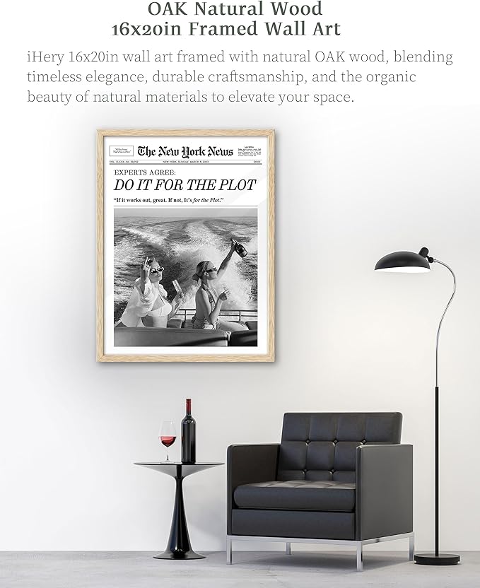 iHery Natural OAK Wood Hot Girls Newspaper Trendy Framed Wall Art, Large 16x20 in Vintage Beige Canvas Wall Art, Do it for The Plot, Apartment Funny Girly Dorm Living Room Bedroom Decor Set of 1