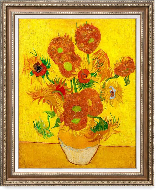DECORARTS - Sunflowers, Vincent Van Gogh Art Reproduction. Acid Free Cotton Canvas Giclee Print w/Bronze Frame&Mat for Wall Decor.