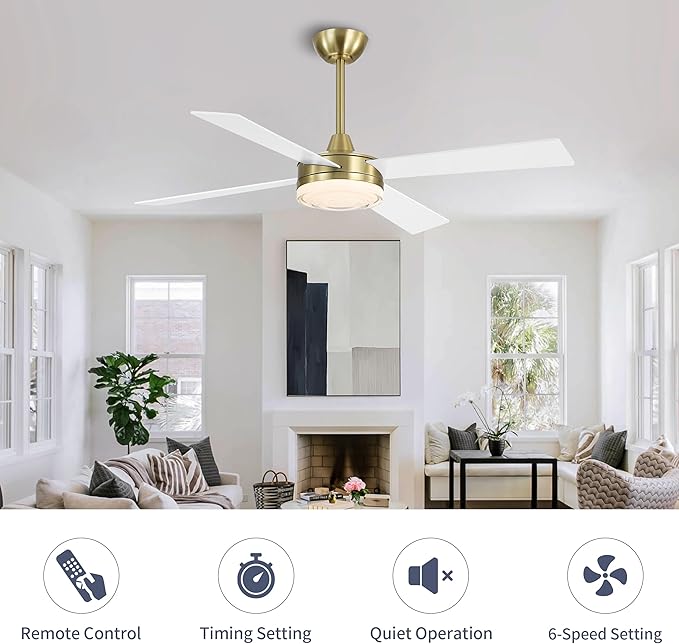 WINGBO 52 Inch Ceiling Fan with Lights and Remote, 3CCT, Modern Ceiling Fan with Ripple Glass Shade, 6-Speed Reversible DC Motor for Bedroom Living Room Kitchen Hallway, Brass and White