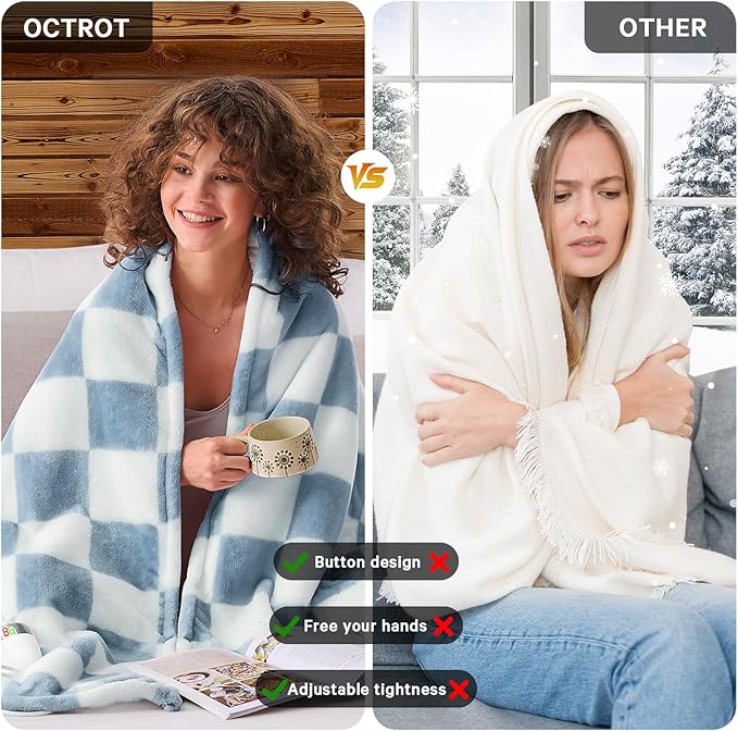 Heated Electric Blanket Twin Size, 62X84 Heating Blanket with 10 Heat Level & 8 Hours Auto Off, Misty Blue Checkered Plaid Soft Fleece Sherpa Blankets Warmer Gifts for Couch Grandma Women Adults, ETL