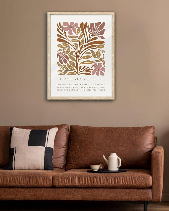 EcoHest Bible Verse Floral Framed Wall Art, Large 16x20 in OAK Wood Abstract Flowers Canvas Wall Art, Ephesians 3:17 Home Decor, Beige Logs Boho Christ Set of 1 for Bedroom Living Room