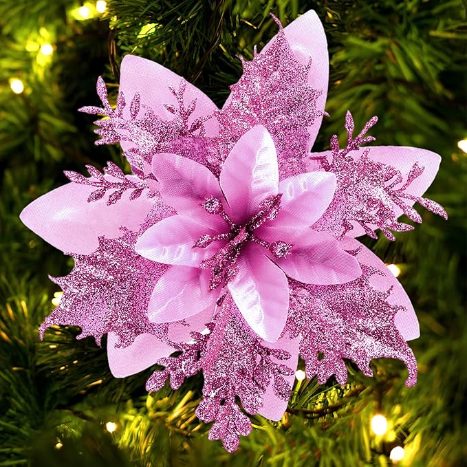 Christmas Poinsettia Artificial Flowers Decorations 5.5" Christmas Tree Wreaths Garland Decoration 12 Pcs Glitter Flowers Picks Decor for Xmas New Year Wedding Party Ornaments (Purple)