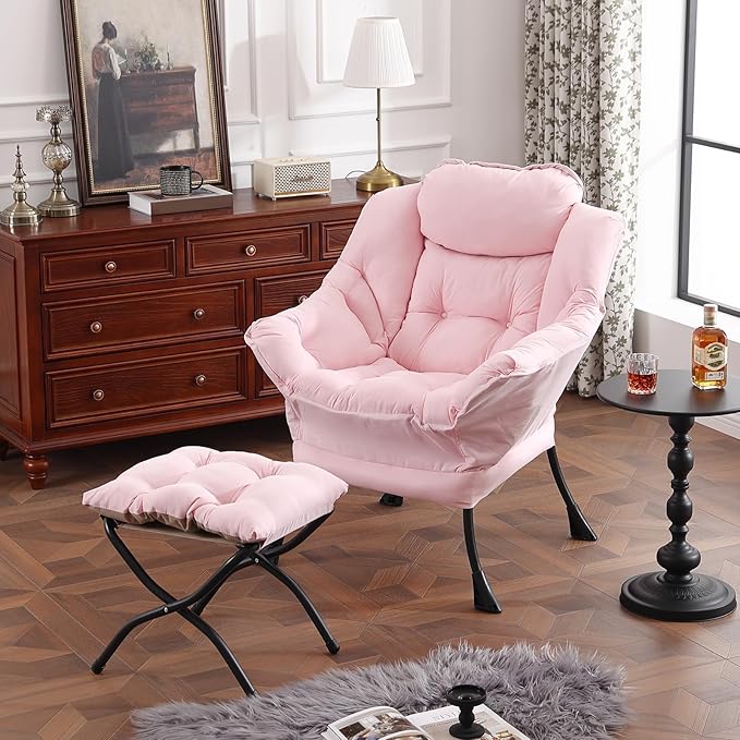 Lazy Chair with Ottoman, Modern Chair with Folding Footrest, Lounge Accent Chair, Comfortable Reading Chair, Oversized Armchairs for Bedroom, Study, Living Room, Courtyard (Pink