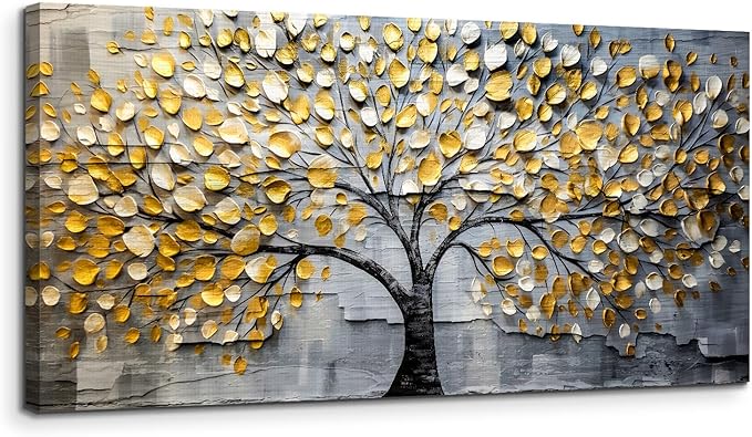 crmotu Tree of Life Large Wall Art for Living Room, Golden Tree Neutral Abstract Canvas Painting Art Prints, Nature Plant Modern Pictures Wall Decor for Bedroom Bathroom Dining Room Office 24"X48"
