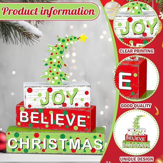 Geelin 4 Pcs Christmas Wooden Tabletop Decor Christmas Tree Tiered Tray Decor Xmas Red and Green Centerpiece Rustic Decorative Block Signs Gift Farmhouse Table Decoration for Home Kitchen