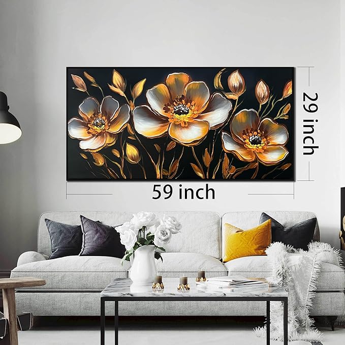 Gold Flower Canvas Art Wall Decor for Bedroom - Gold and Black Art Work for Living Room Walls - Framed Hand Painted Wall Art Size 29" x 59"