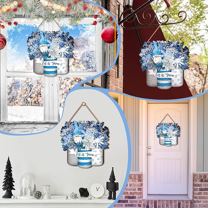 Spiareal Winter Welcome Sign Wood Blue Mason Jar Front Door Decor Winter Wooden Hanging Wreath Outdoor Front Door Decorations for Farmhouse Porch Decoration (Blue Mason Jar Style)