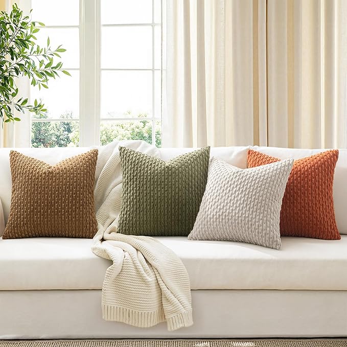 MIULEE Fall Throw Pillow Covers Soft Couch Decorative Set of 4 Boho Striped Cushion Covers Corduroy Pillowcases Farmhouse Home Decor for Couch Bed Sofa Living Room 18x18 Inch Camel Green