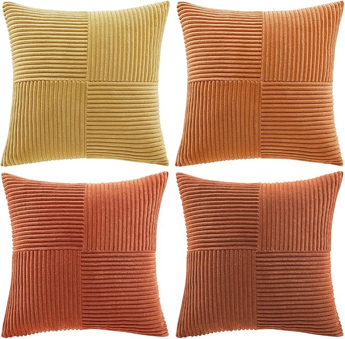 Fancy Homi Set of 4 Boho Fall Decorative Throw Pillow Covers 20x20 Inch for Couch Bed Sofa Bedroom, Modern Farmhouse Home Decor, Soft Cross Striped Corduroy Patchwork Colorful Cushion Case 50x50cm
