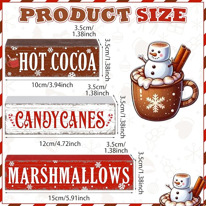 Geelin 4 Pieces Christmas Hot Cocoa Wooden Table Decorations Xmas Hot Cocoa Wooden Signs Rustic Marshmallow Tiered Tray Decor Tabletop Centerpieces for Home Desk Room Kitchen Shelf