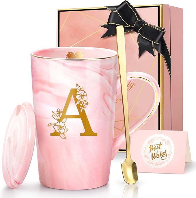 Personalized Marble Ceramic Mug Gifts for Women, 14 Oz Pink Initial Customized Gift Coffee Cup with Lid, Birthday Christmas Mother's Day Gifts for Her Wife Mom Grandma Friend Sister Unique,A