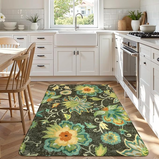 Lahome Collection Modern Floral Area Rug - 3'x5' Non-Slip Colorful Vintage Area Rug Accent Distressed Throw Rugs Floor Carpet for Living Room Bedrooms Decor (3’X 5’, Green)