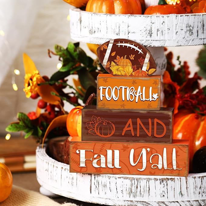 4 Pcs Fall Thanksgiving Decor for Home Football Wooden Signs with Sayings Fall Thanksgiving Tiered Tray Decor Pumpkin Football Tabletop Centerpiece Maple Leaf Block Signs for Office Kitchen Shelf