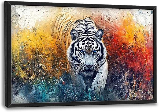 Extra Large Framed Abstract White Tiger Wall Art,Oversized Colorful Cool Tiger Wall Decor,Wild Animal Pictures for Living Room,Canvas Print Painting Modern Artwork Bedroom Office Bathroom 36L x24W