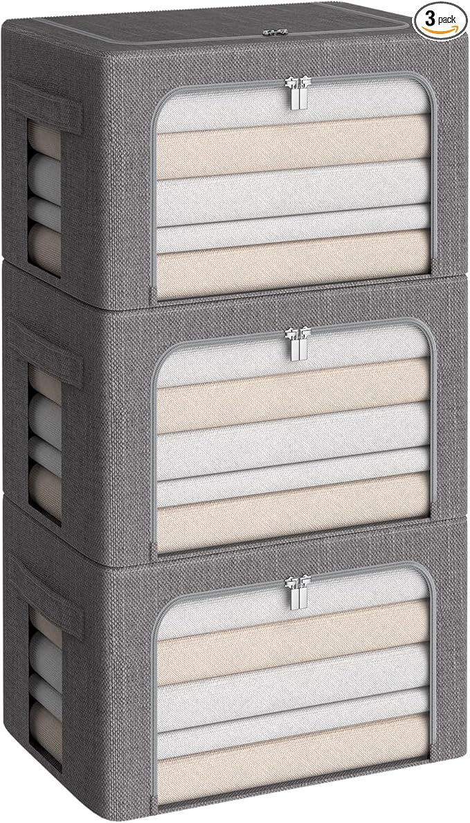 3Pack Foldable Storage Bins - Frame Storage Box Linen Fabric Stackable Clothes Container Organizer with Clear Window & Carry Handles Large Capacity (Medium-36L, Dark Gray)