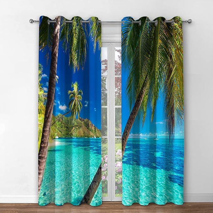 Jekeno Ocean Palm Tree Blackout Curtains Tropical Beach Theme Clear Sea Island View Seaside Scenery Print Grommet Window Drapes Decor for Bedroom Living Room Blue 2 Panel Set, 42"x84"