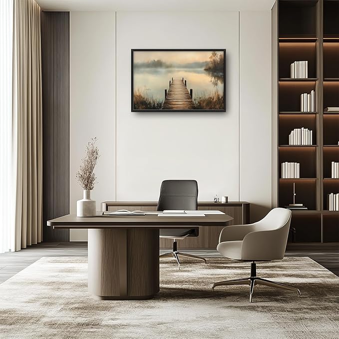 Olivine Large Wall Art, Retro Lake Pictures Wall Decor, Pier Painting, Nature Landscape Canvas Prints, Framed Artwork for Bathroom Bedroom Living Room Office Home Decoration 36"x24"