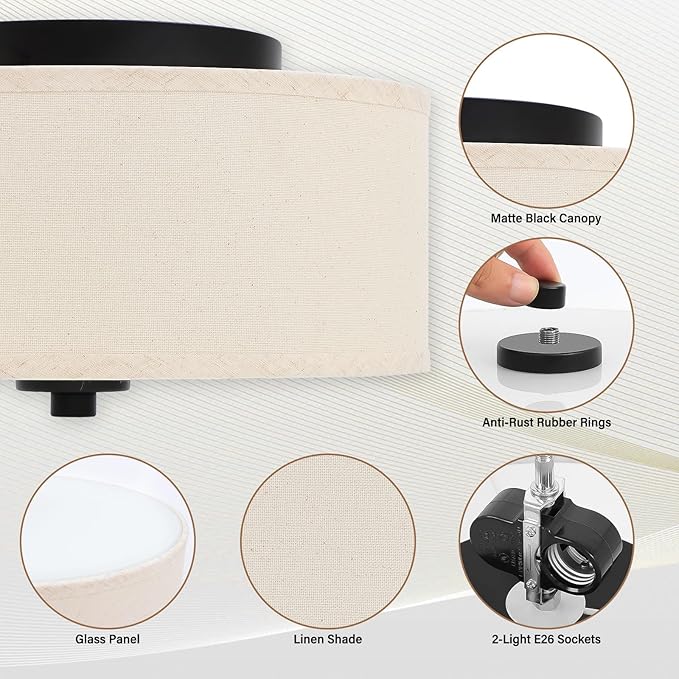 2-Light Flush Mount Ceiling Light Fixture, 12” Modern Close to Ceiling Light with Beige Fabric Drum Shade, Round Pendant Light for Bedroom Hallway Living Room Bathroom Dining Kitchen