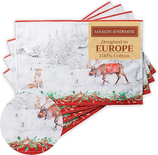 Maison d' Hermine Placemats Set of 4 100% Cotton Washable Cloth Place Mats, Reusable Table Mats for Kitchen Dining Decoration, Party, Wedding, Restaurant (Christmas Tradition, 13" x 19")