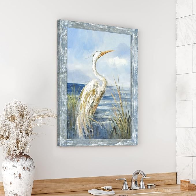Sea Bird Wall Art Painting: Framed Wooden Blue Coastal Ocean Scene Artwork Heron on Beach Picture Modern Bedroom Bathroom Living Room Decoration Home Office Decor 36”x24”