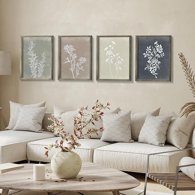 Heiple Framed Wall Art Set of 4 for Boho Home decor Botanical Print Wall Art for Rustic Vintage Farmhouse Wall Decor for Living Room (Grey, 8x10)