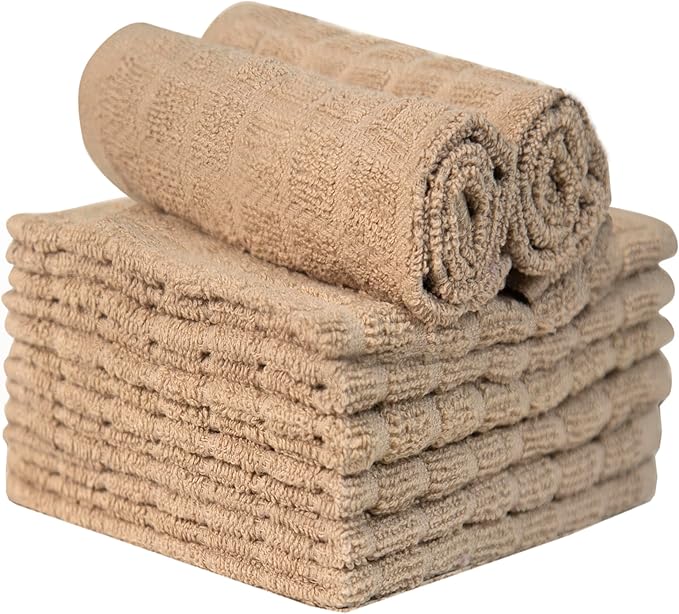 Premium Dish Towels (12”x 12”, 8 Pack) | Cotton Kitchen Hand Towels | Kitchen Towels | Highly Absorbent Tea Towels Set | Tan