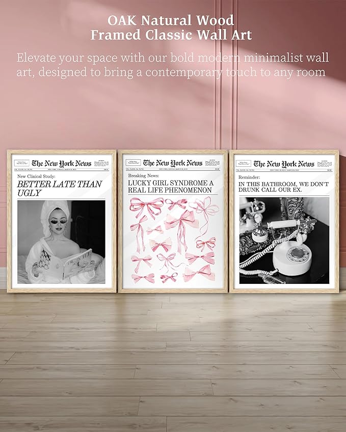 iHery Natural OAK Wood Trendy Retro Newspaper Framed Wall Art, Large 16x20 in Pink Bow Poster Vintage Canvas Wall Art, Beige Frame Lucky Girly Bedroom Bathroom Coquette Living Room Décor Set of 1