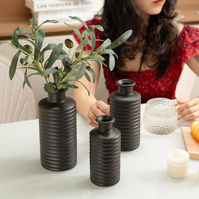 Black Ceramic Vases for Home Decor, Modern Farmhouse Frosted Semi Matte Textured Decorative Vase Set, Unique Vase for Entryway, Coffee Table, Shelf, Small Pampas Grass and Flowers