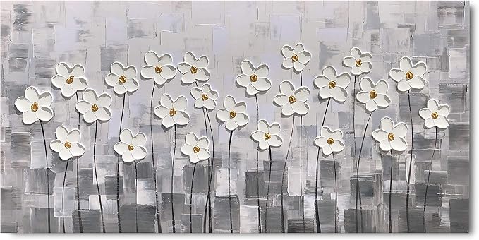 Yihui Arts Canvas Wall Art Grey and White Flowers Pictures Blossom Modern Floral Pallet Knife Painting Framed for Bedroom Kitchen Dinning Room Living Room Office Home Decor